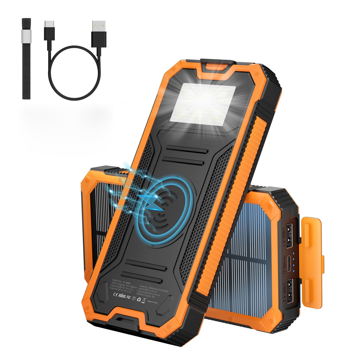 Waterbestendige Solar Powerbank 20.000 mAh met Draadloos Opladen – Opladen via Zon, USB en Wireless