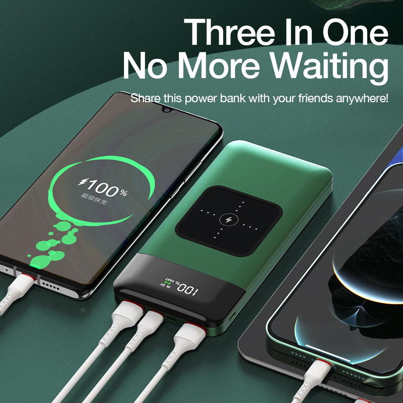 Powerbank met LCD Display 20.000 mAh – Draadloos Opladen en 3 Apparaten Tegelijk